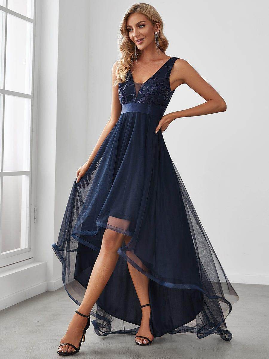 Fashion High-Low Deep V Neck Tulle Navy Blue Prom Dresses - Biamonde